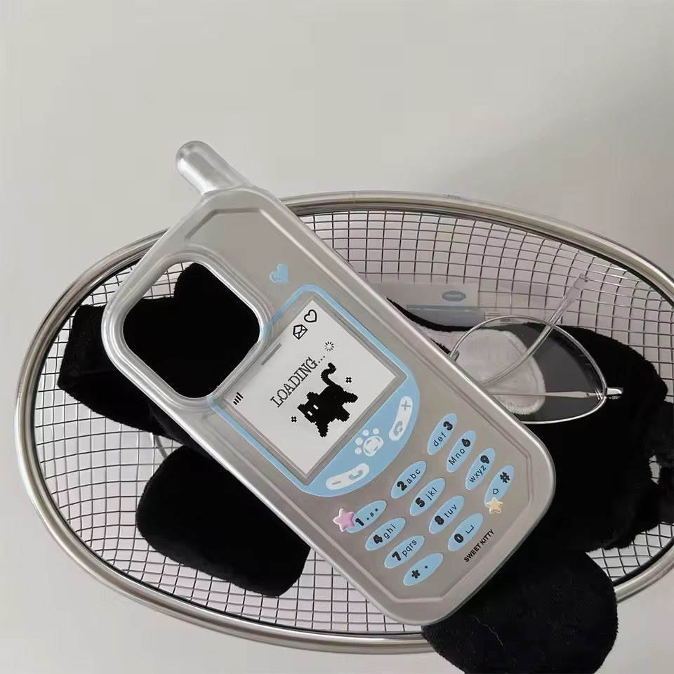 Vintage-style electronic device with a screen and buttons on a grid background