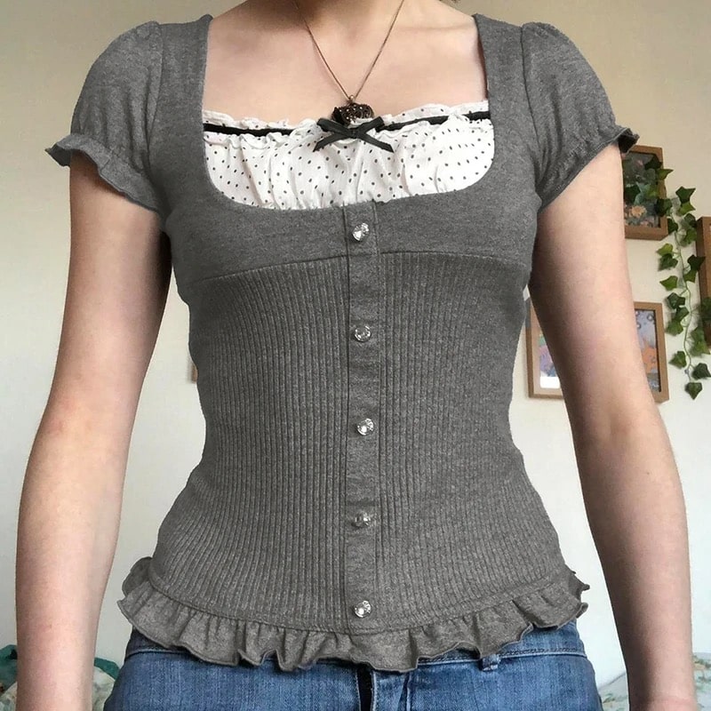 Y2K Patchwork T-shirt - Coquette Ribbon Crop Top with Ruffles