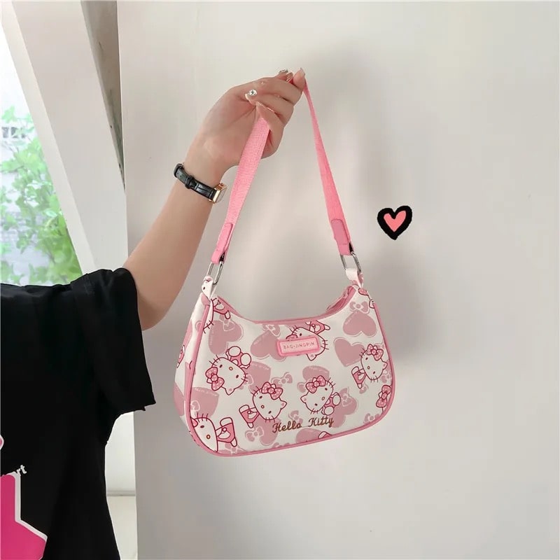 Kawaii Hello Kitty shoulder bag with chic animal print on white background