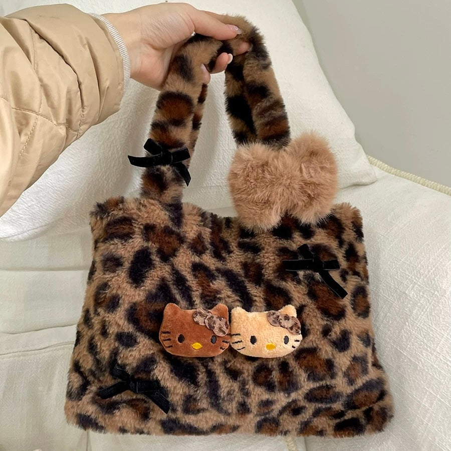 Soft Hello Kitty Leopard Plush Shoulder Bag for Women