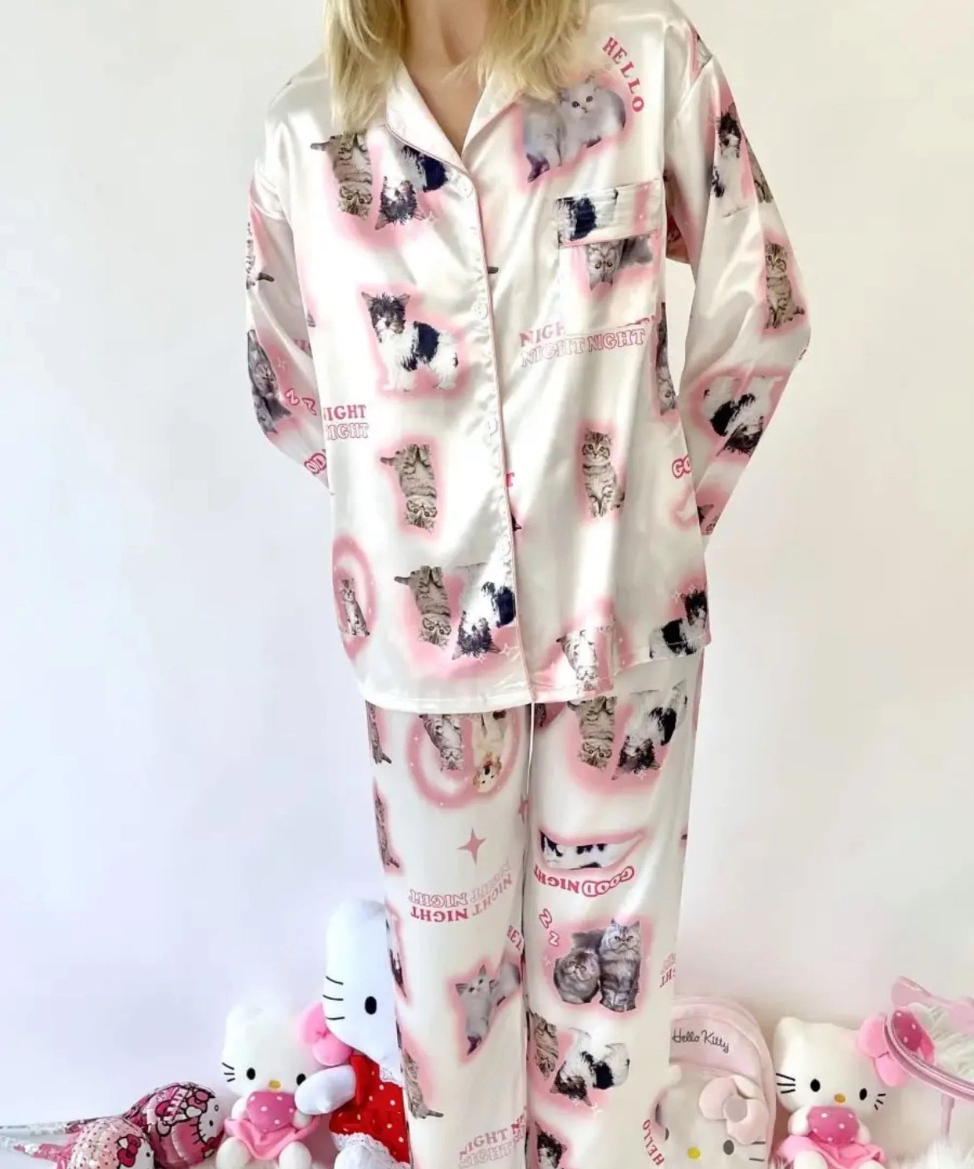 Sanrio-inspired Kawaii kitty pajama set, coquette style for girls