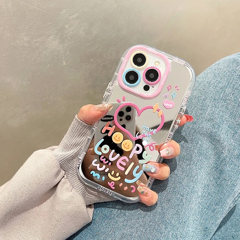 Kawaii iPhone case with heart-shaped mirror and shockproof back