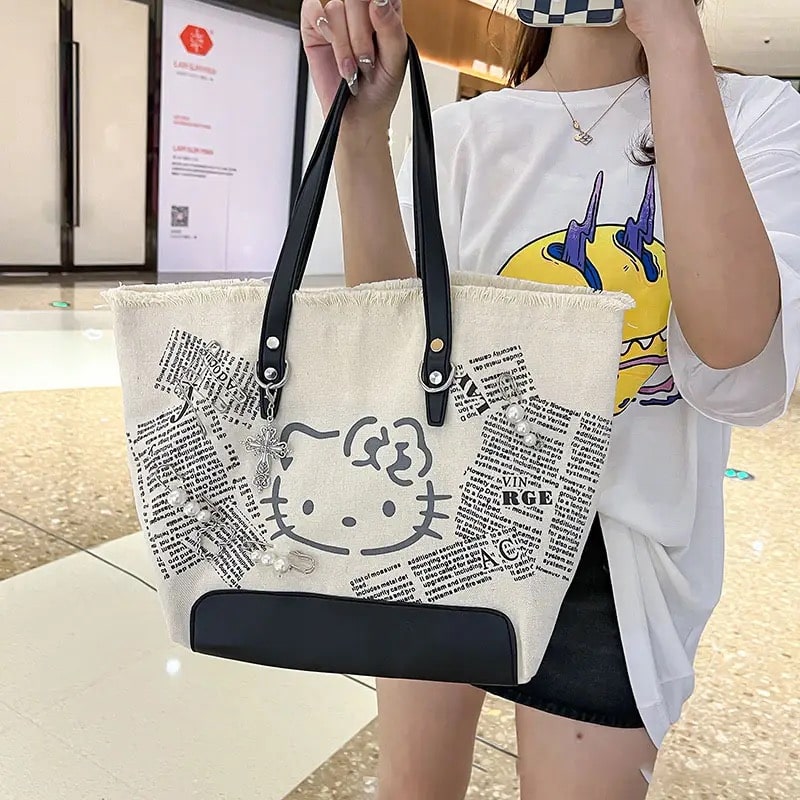 Cute Hello Kitty canvas tote bag with large capacity and kawaii design