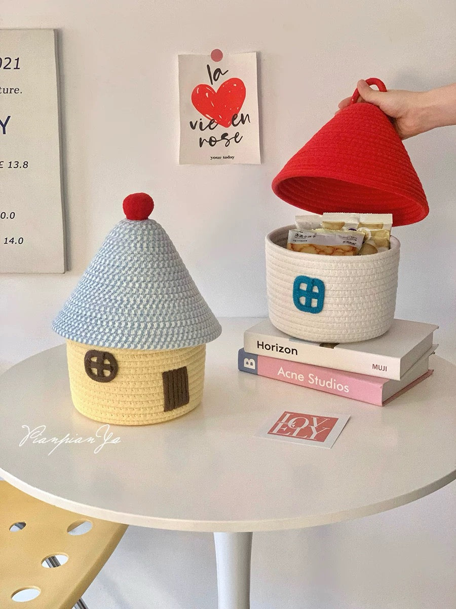 Adorable pastel rope storage basket shaped like a house with red roof