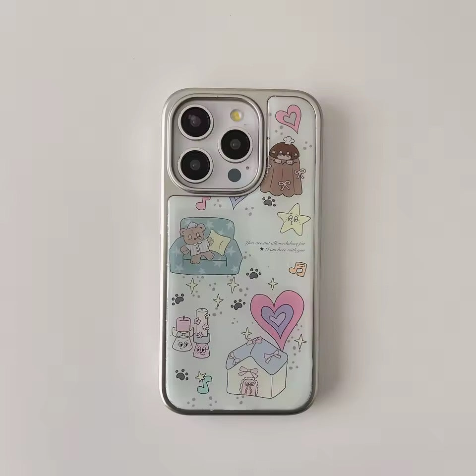 Phone case with cartoon designs on a light gray background