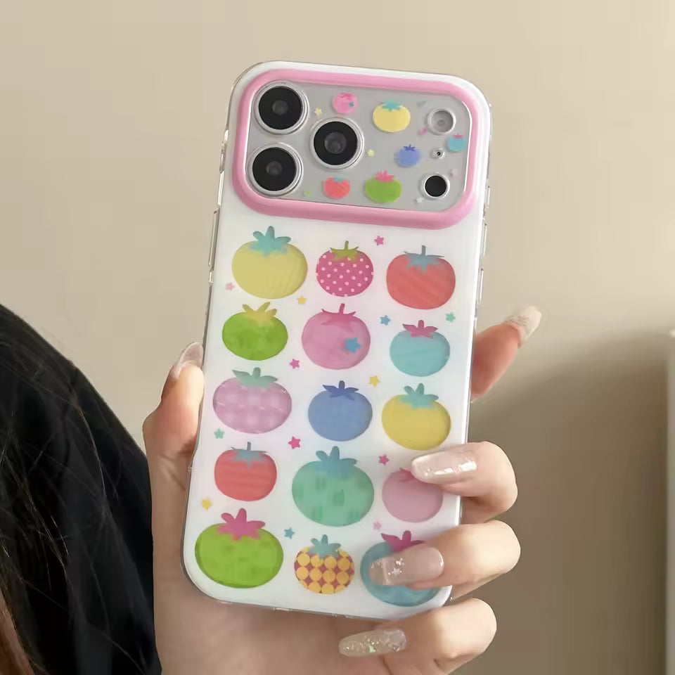 Pastel tomato phone case with colorful fruit illustrations pink bumper and transparent protective silicone construction everyday