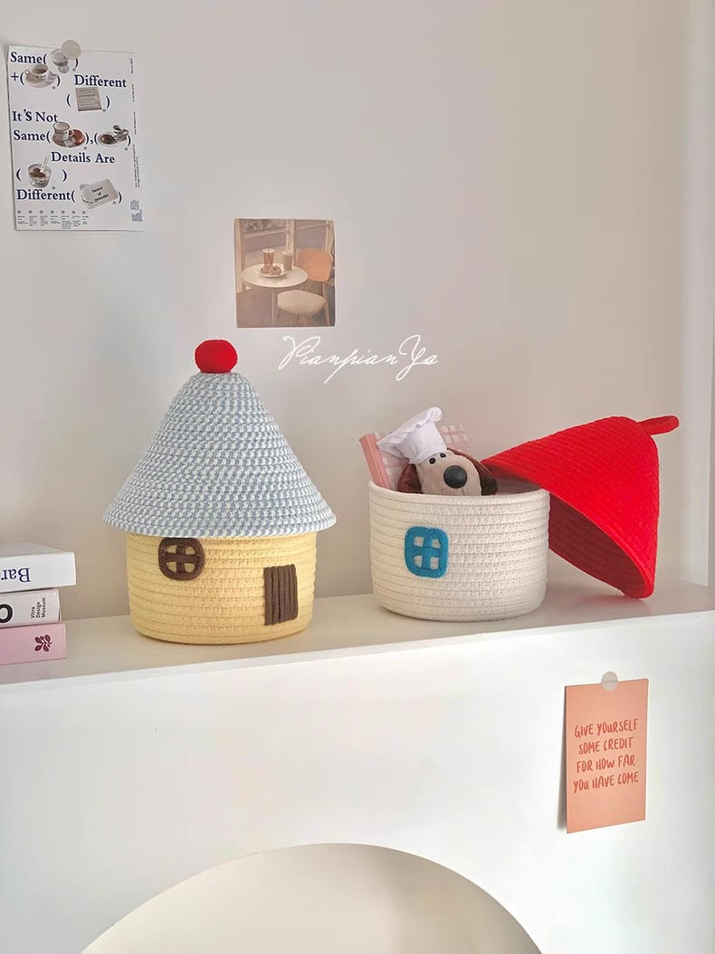 Detail of pastel cotton weaving texture on decorative basket.