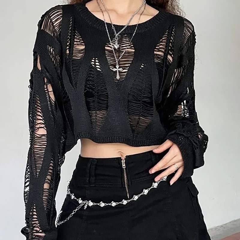 Cropped Black Sweater | Distressed Open Knit Grunge – The Feelz
