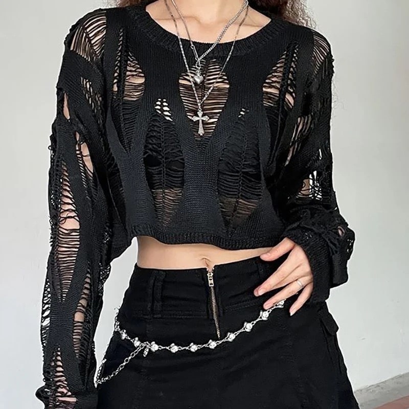 Gothic black crop sweater with long sleeves