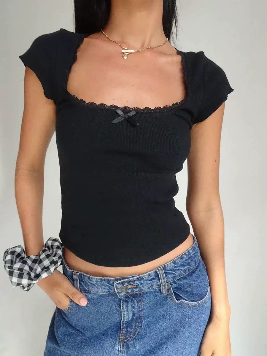 Y2K Vintage Baby Tee - Cottage Lace Trim Milkmaid Crop Top – The Feelz