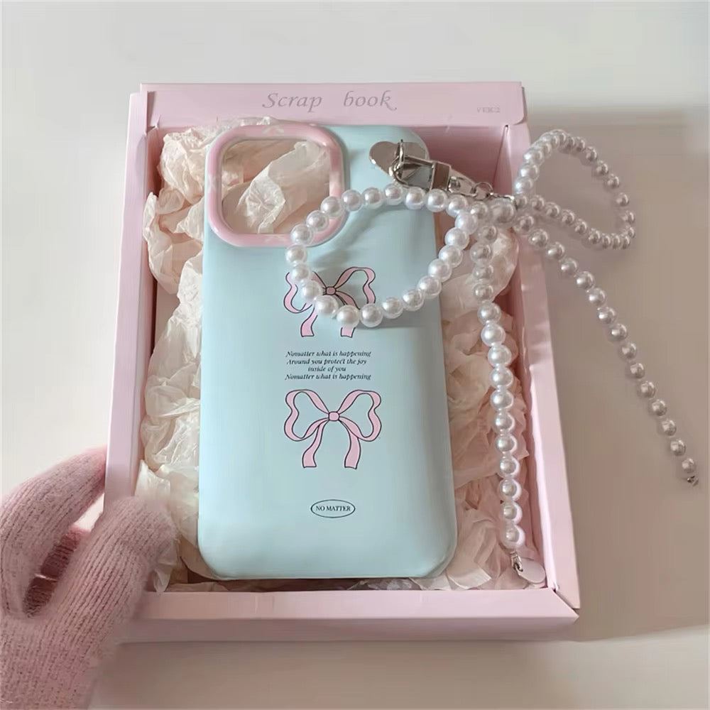 Korean bowknot iPhone case with blue bow and pearl pendant