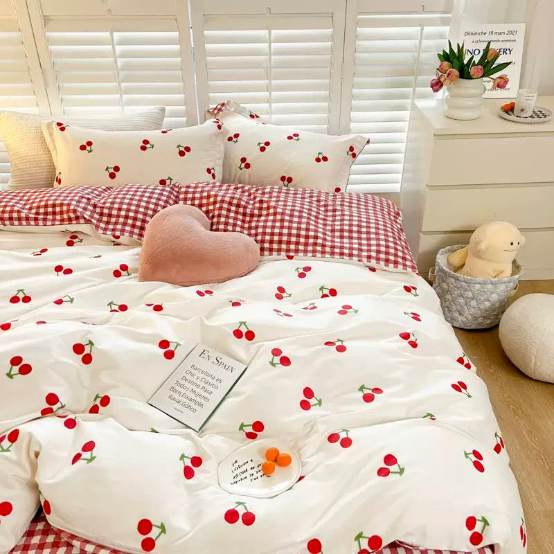 Cute red cherry bedding for aesthetic girls’ rooms and trendy dorms.