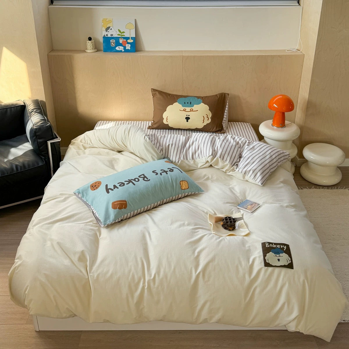 Aesthetic Korean-style bedding with puppy pillow and cozy cream quilt