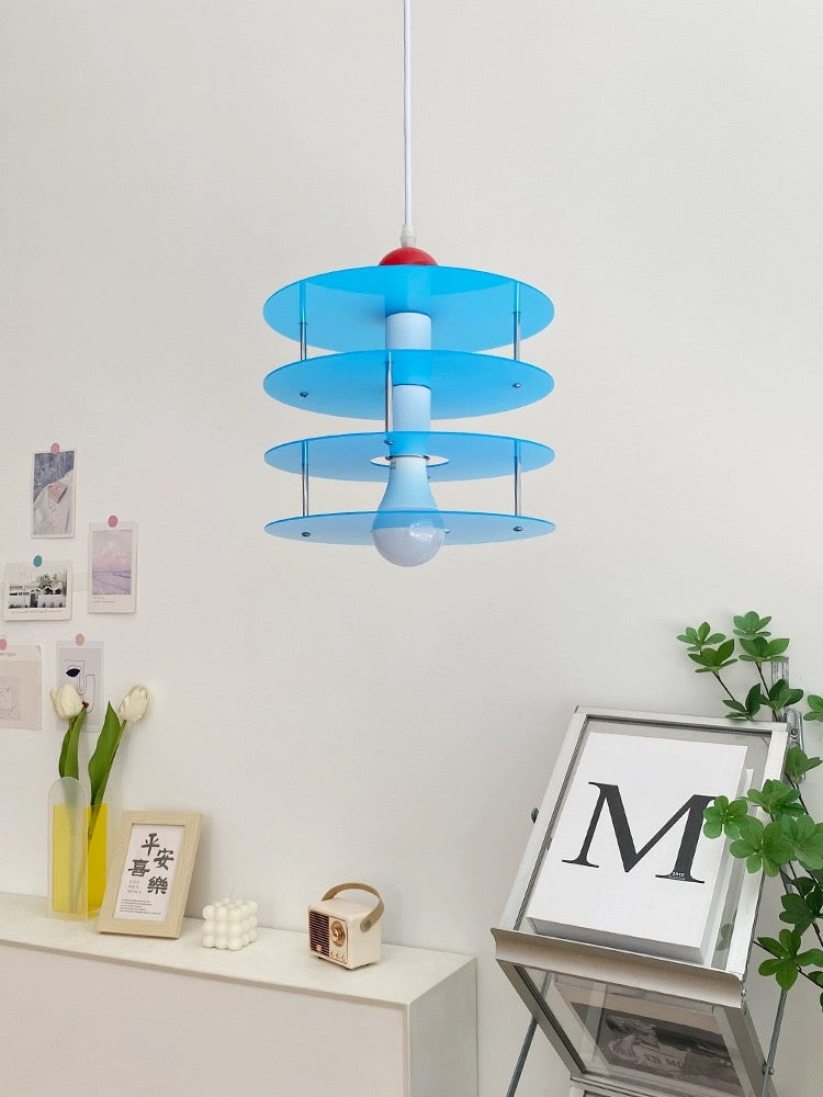 Colorful acrylic chandelier hanging in a kids' room