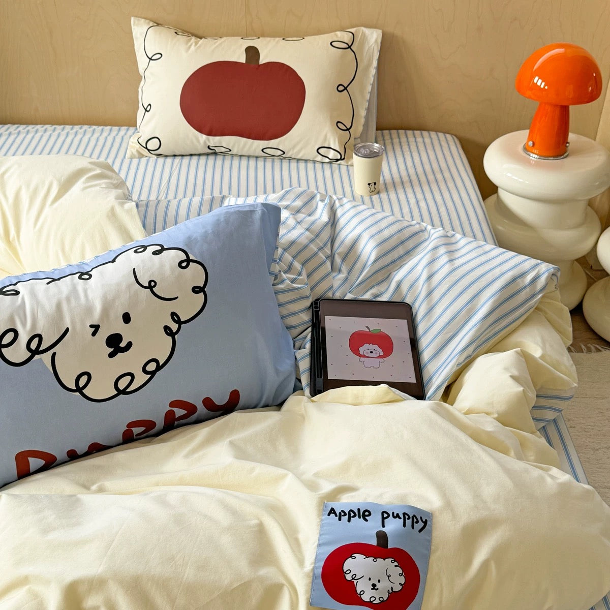 Korean-style bedding set featuring adorable cartoon puppy design