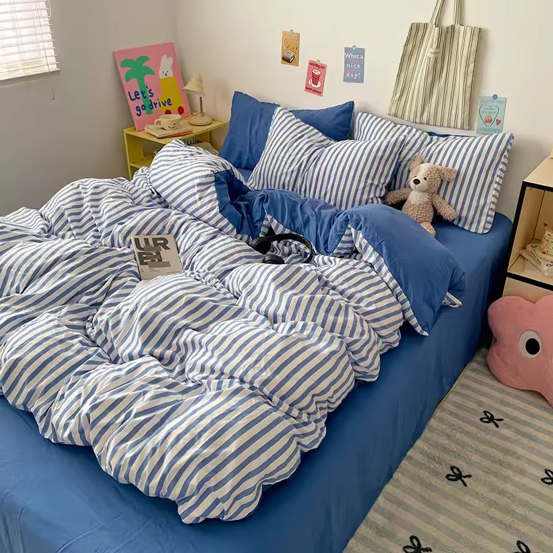 Soft polyester blue stripe duvet cover set styled for aesthetic TikTok room transformations.