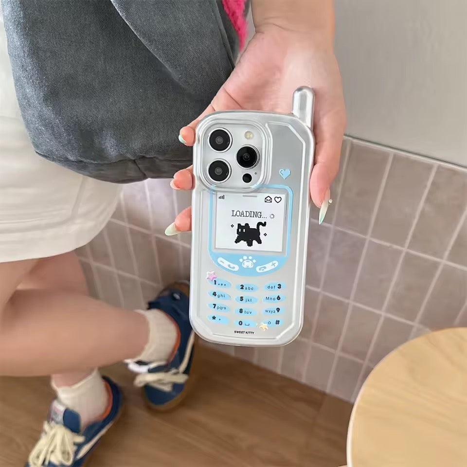 Person holding a phone with a transparent case featuring a cat illustration and text.