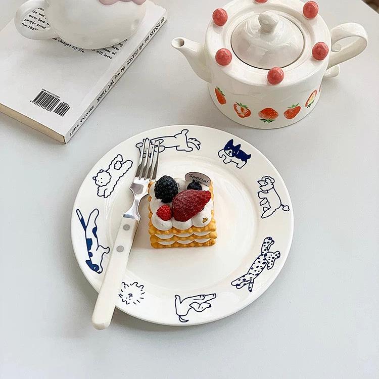 Korean vintage ceramic plate with cute cat and dog design