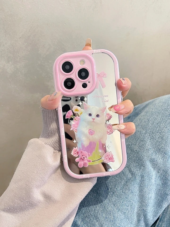 Korean vintage phone case with pink cat design