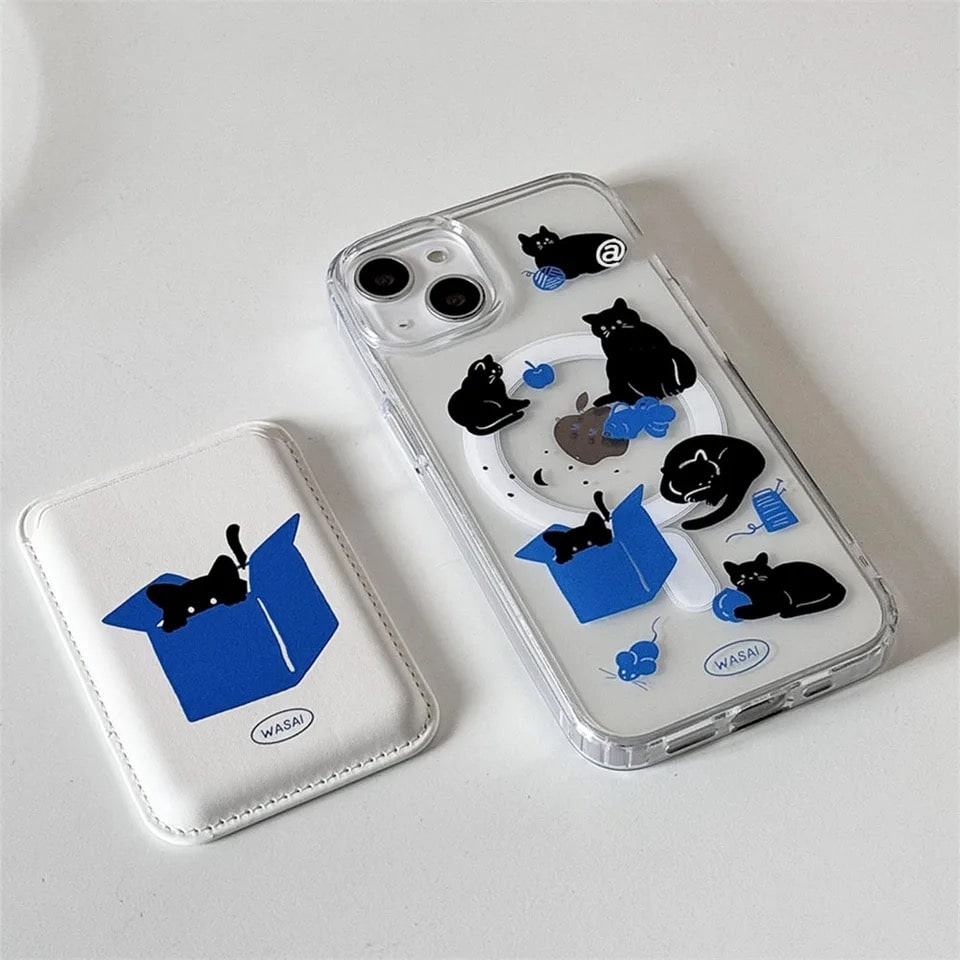 Kawaii cat-themed iPhone cover with wallet. Magnetic wireless charging-compatible soft silicone case for stylish protection.