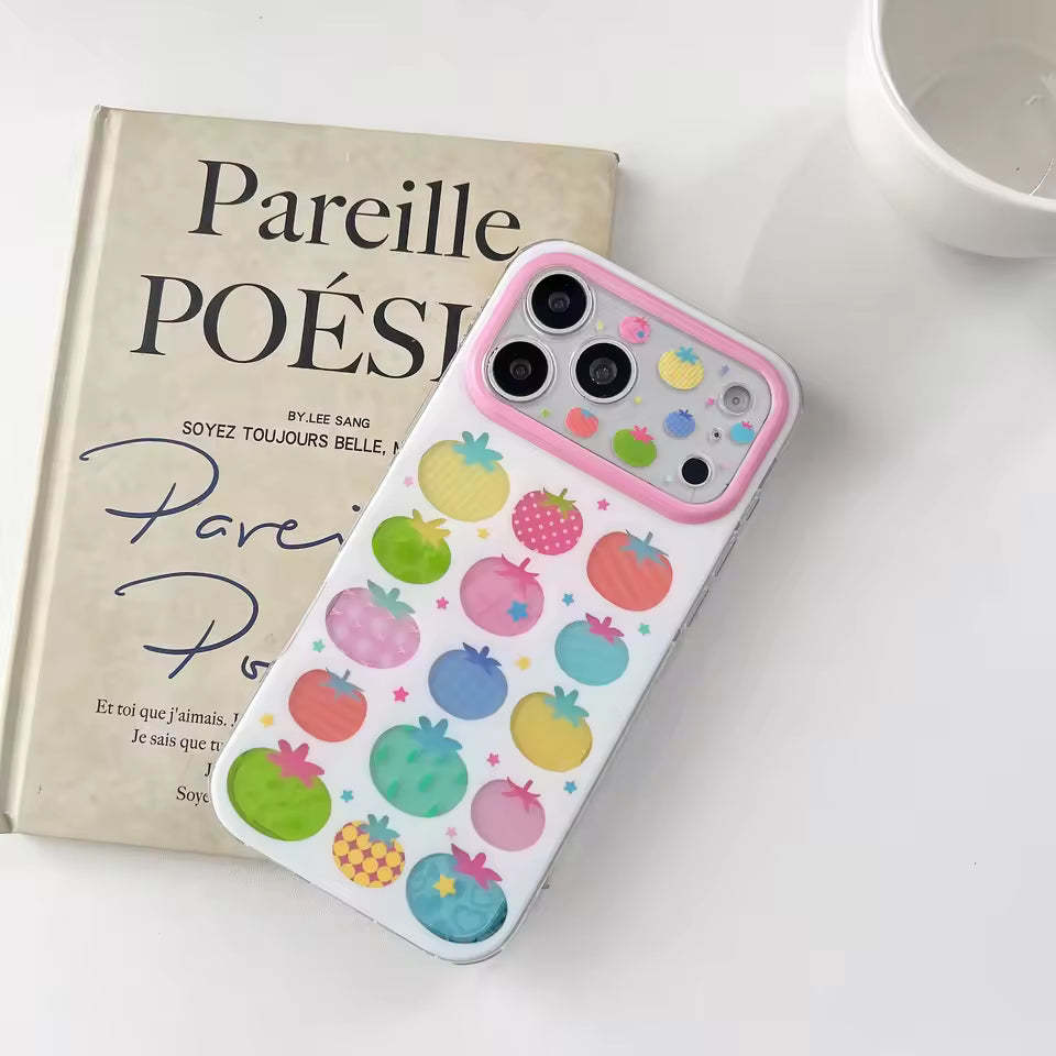 Korean aesthetic tomato iPhone case with colorful fruit pattern lightweight silicone and playful everyday styling accessory