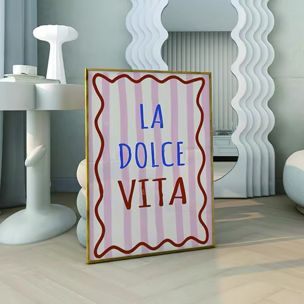 Front view of the La Dolce Vita canvas poster featuring pastel pink and blue stripes with elegant typography.