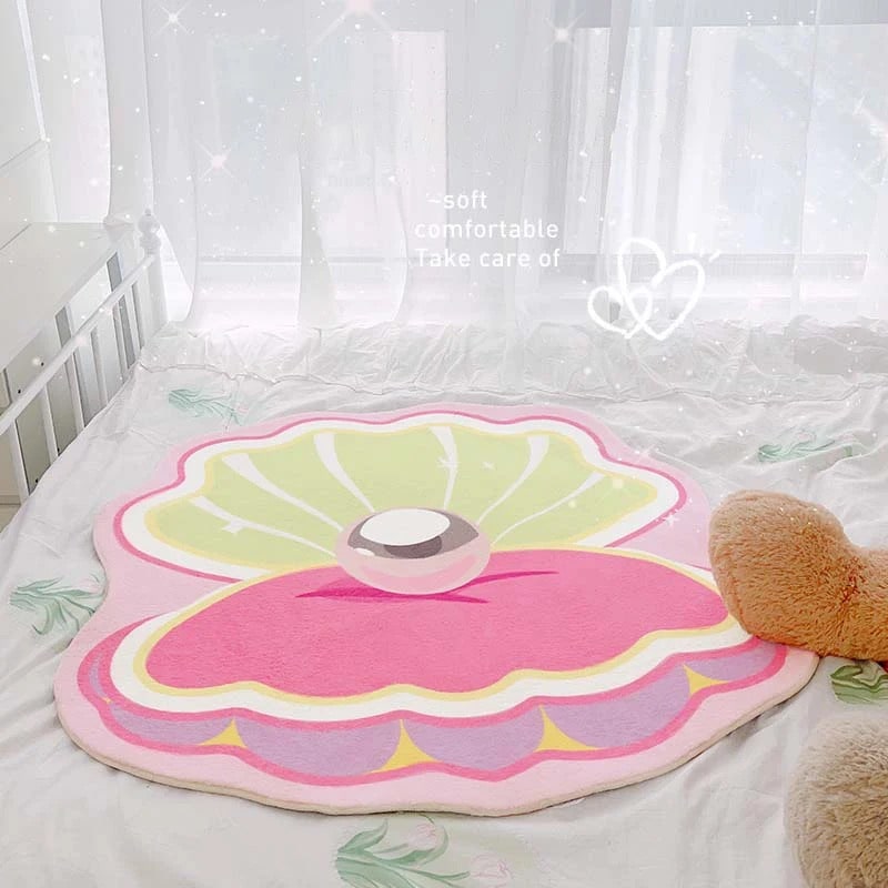 Pink And Green Shell Rug Soft Shell Rug – Mermaidcore Pink Carpet for Bedroom – The Feelz