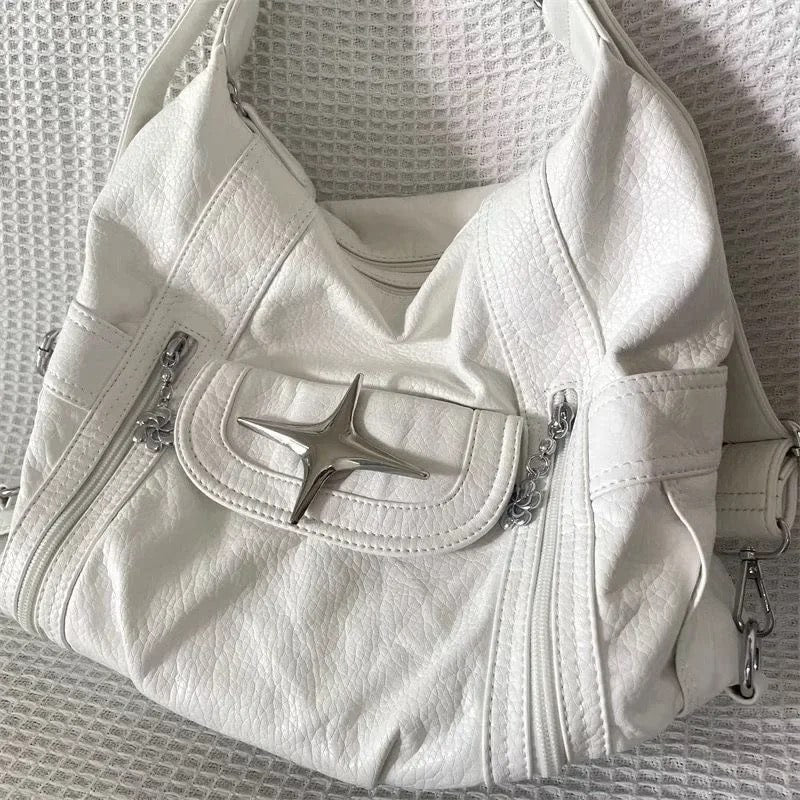 White leather Y2K bag with large capacity for women