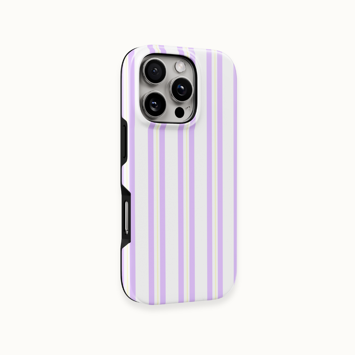 A protective phone case with a vertical lavender and white stripe pattern, shown on a light off-white background.