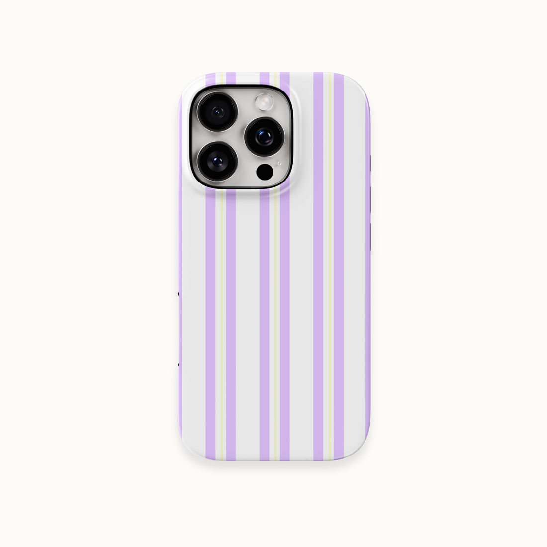 A phone case with a vertical stripe pattern in mint green, light blue, and pink on a white background, shown on a light off-white studio background.