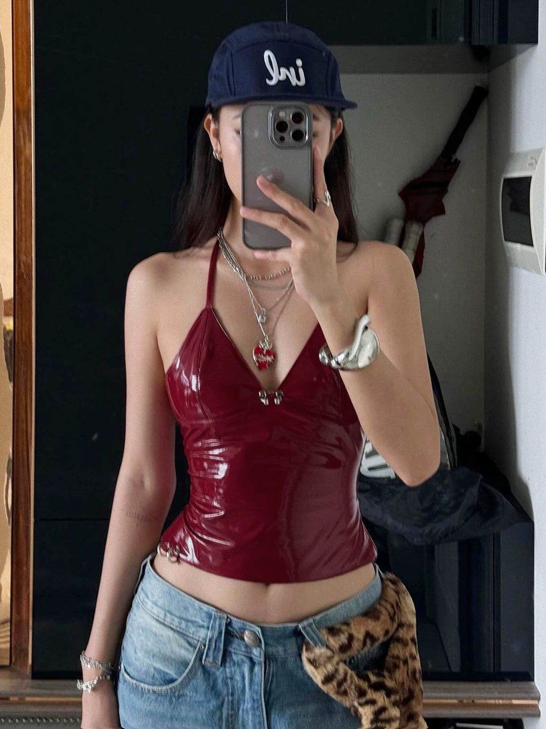 Inspiring leather crop top outfit idea pairing edgy red faux leather with punk detailing