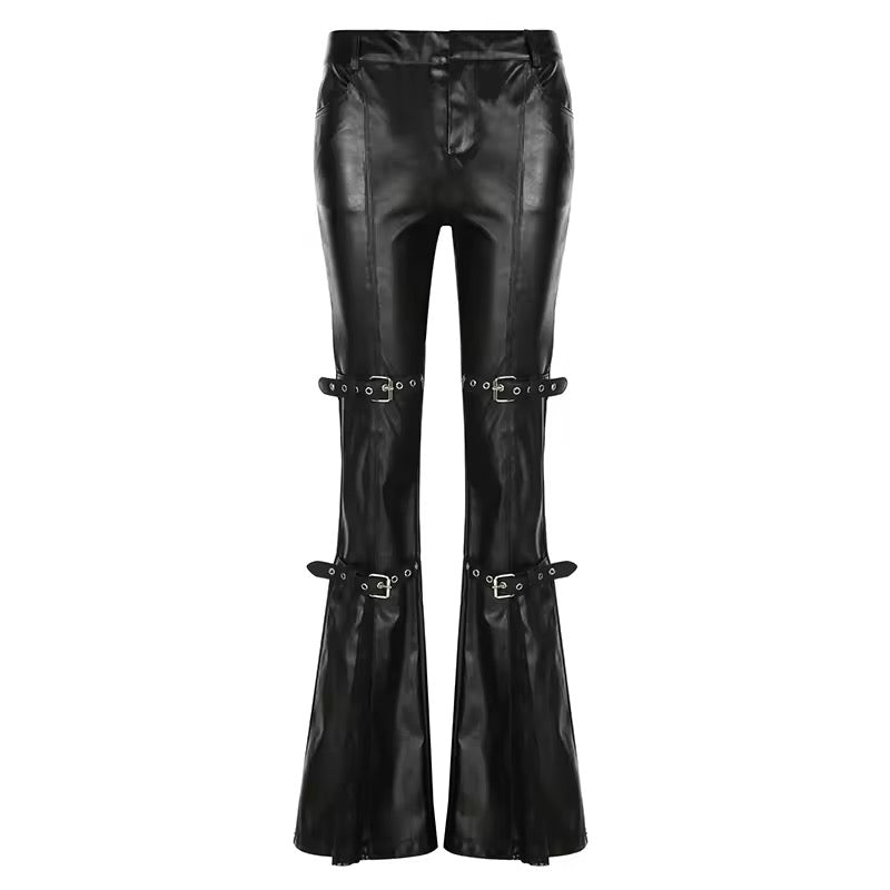 Black leather flare pants for gothic streetwear look