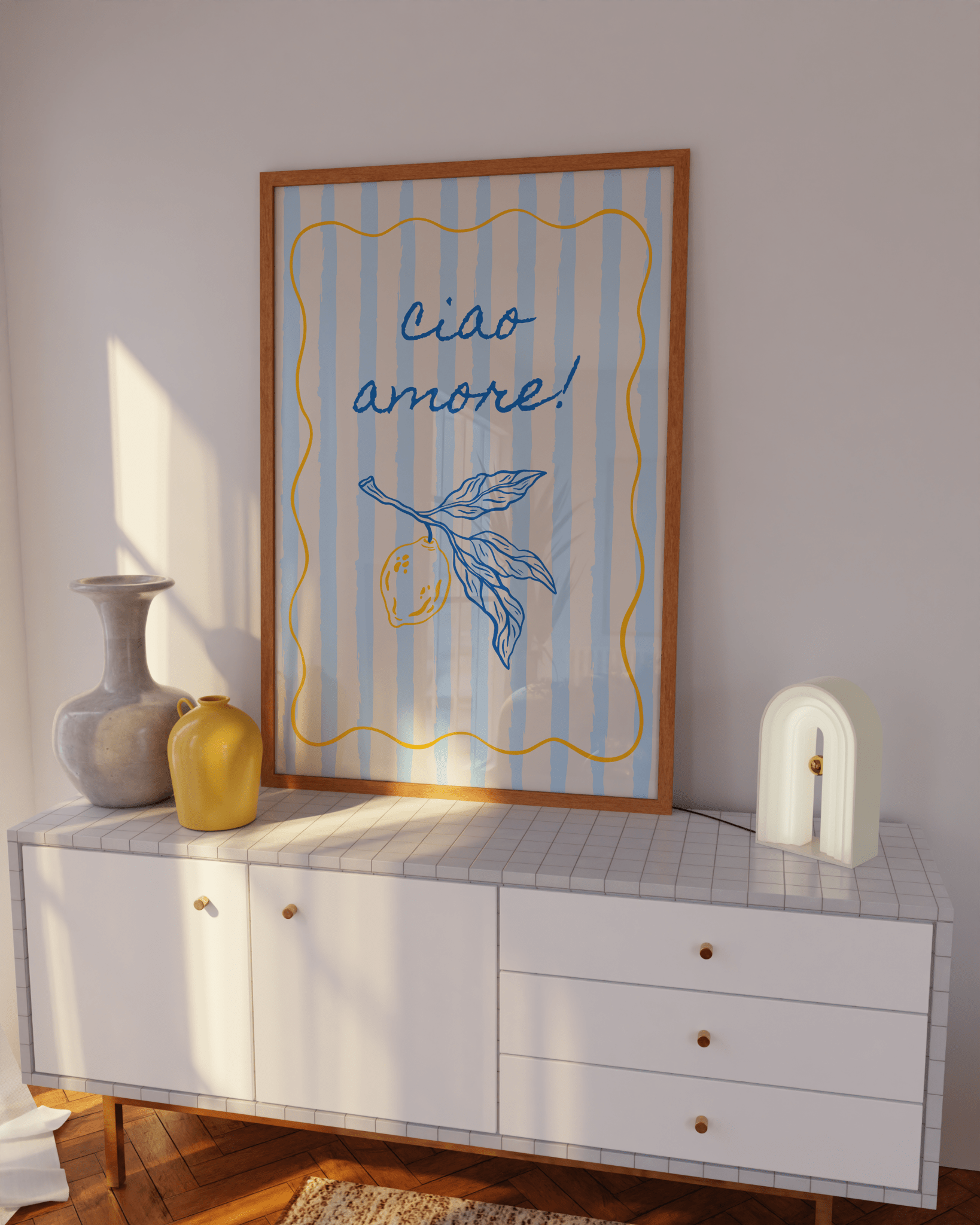 Summer digital print of lemons and stripes for Mediterranean home