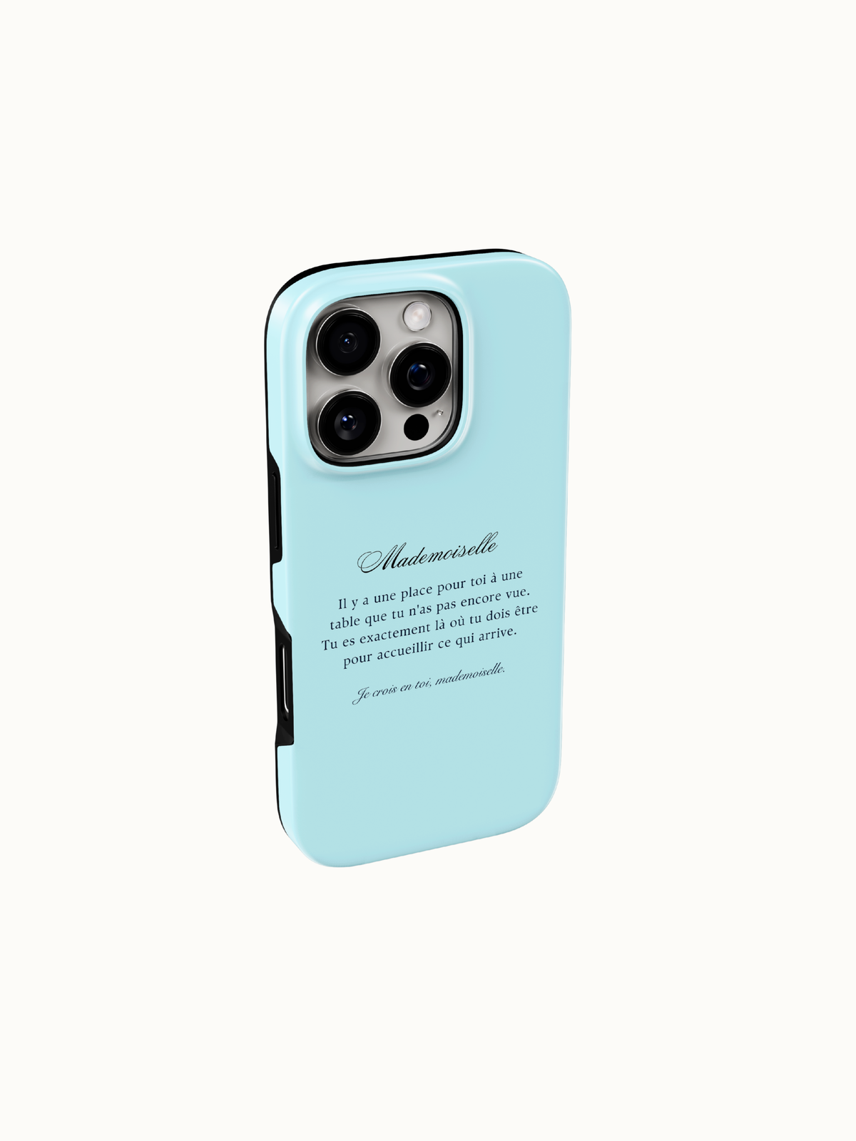 Light blue phone case back view with camera cutout, fits iPhone 11 to 17, French girl aesthetic pastel iPhone case, The Feelz