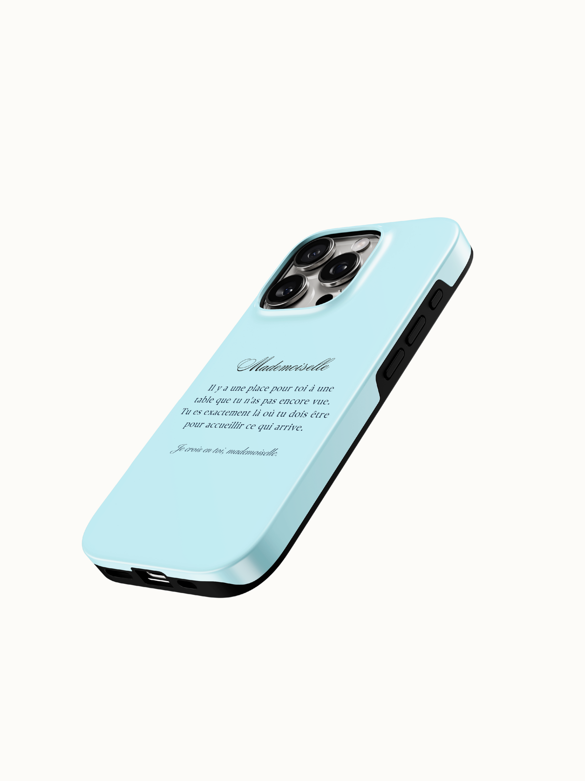Light blue phone case close up of the black Mademoiselle script and French poem print, glossy French girl aesthetic case from The Feelz