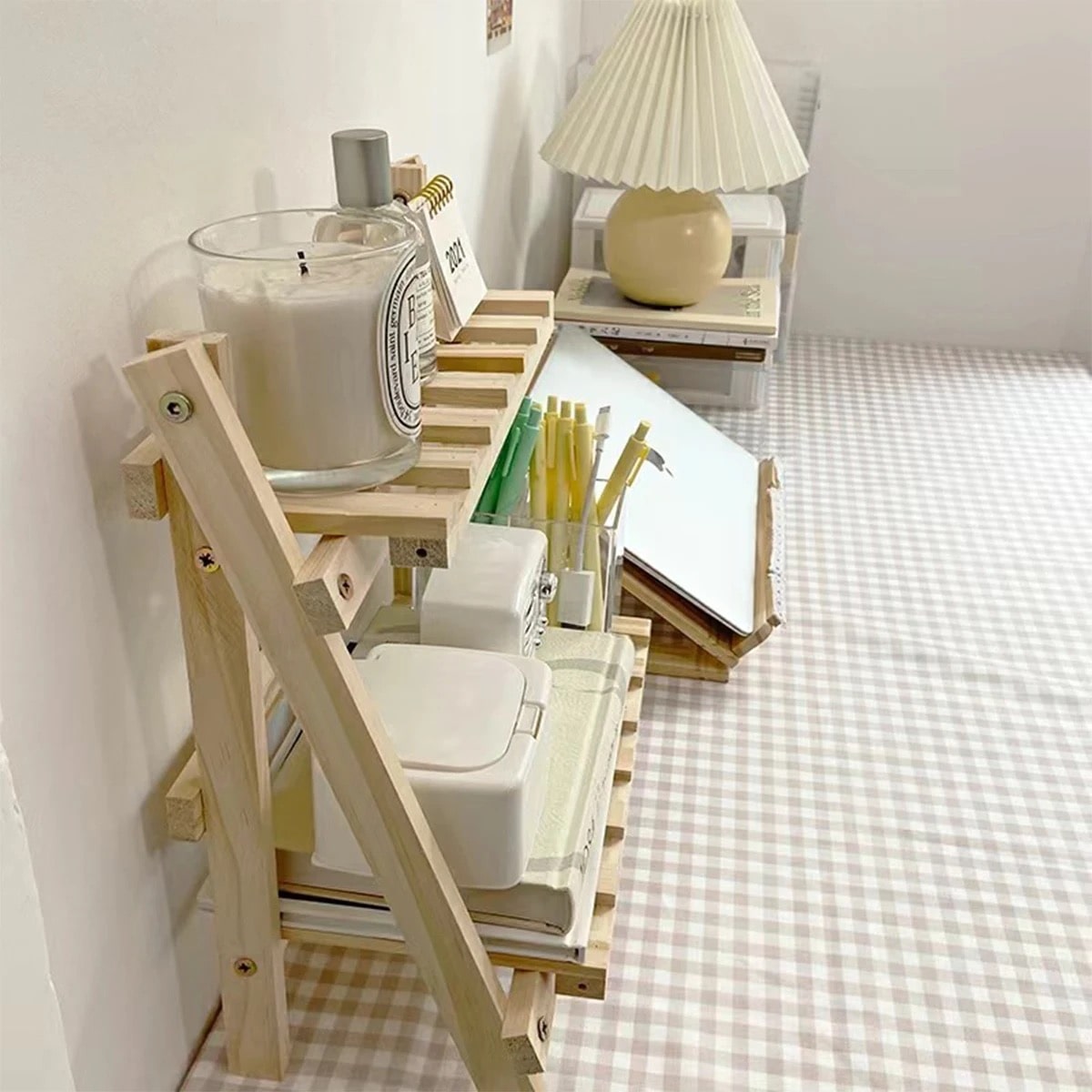 Elegant solid wood storage rack for desks and tables. Double-layer organizer for vanity, kitchen, or office essentials.