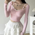 Soft girl Y2K pink top with lace and eyelet details