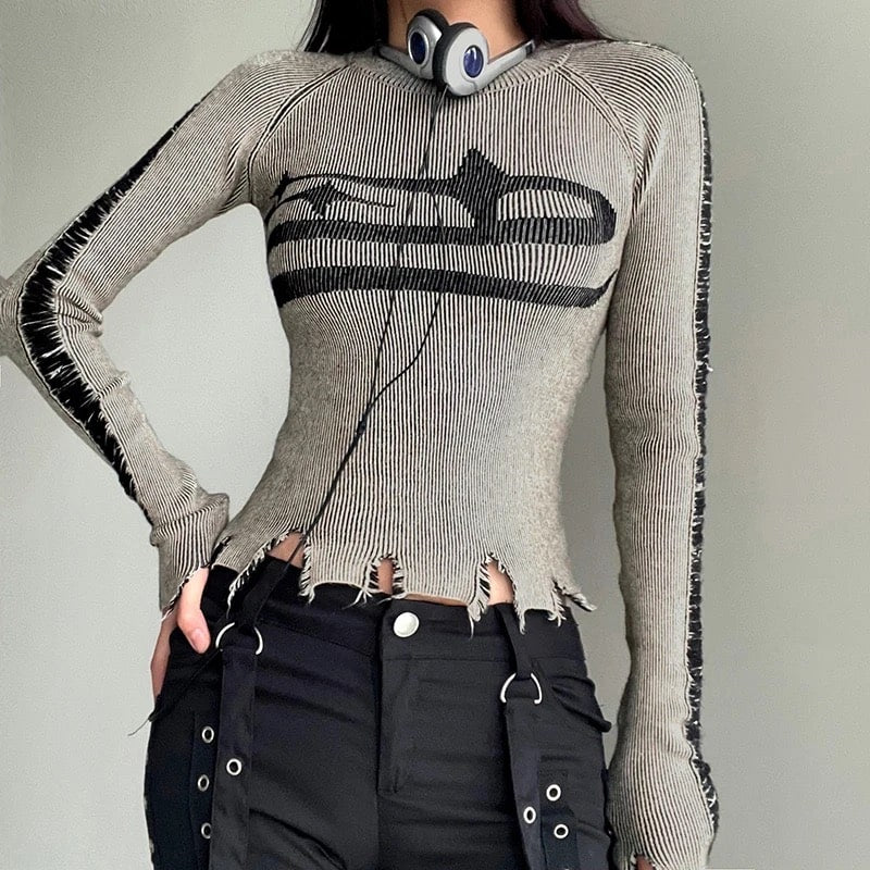 Long Sleeve Vintage Knit Top – Ripped Detail Sweater for Women