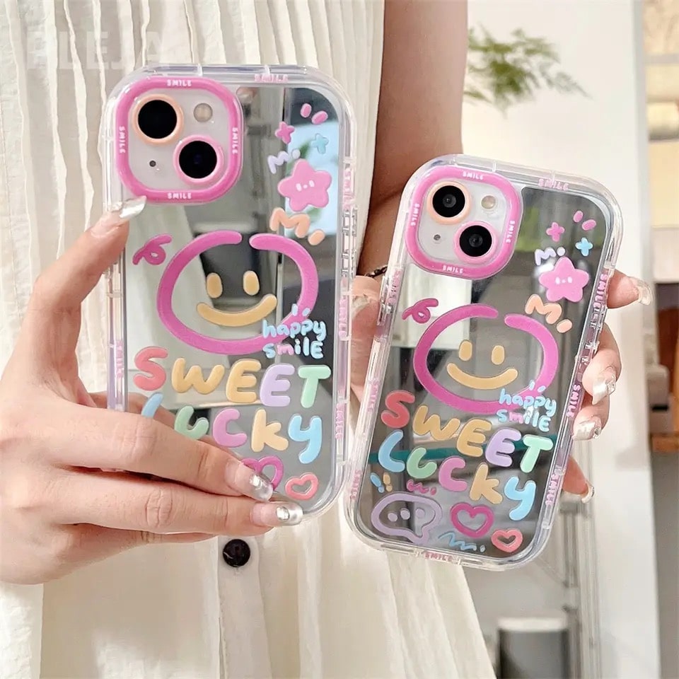 Lovely smile and Lucky Girl iPhone case. Colorful graffiti hard back cover with makeup mirror for stylish Y2K protection.