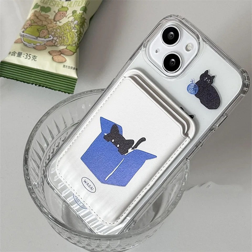 Magsafe-compatible iPhone case with cat wallet design. Soft silicone protective cover for iPhone 11, X, XR, XS Max, and more.