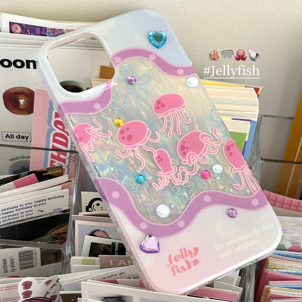 Jellyfish iPhone case with ocean-inspired design and rhinestones