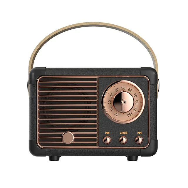 Vintage-style radio with black and rose gold design on a white background