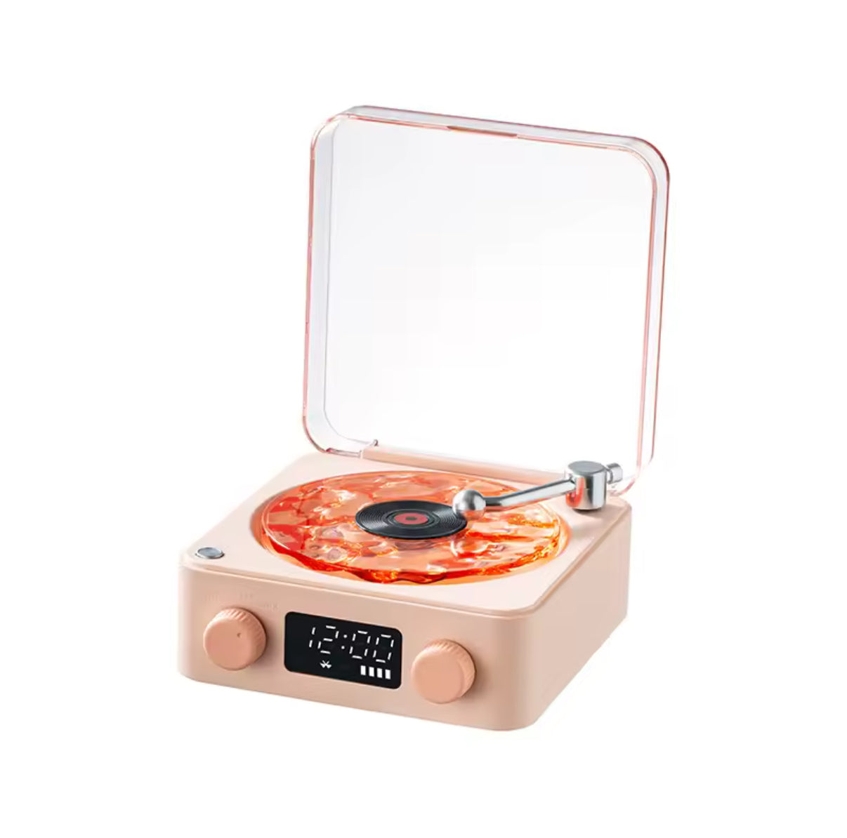 Small record player with a clear dust cover on a white background