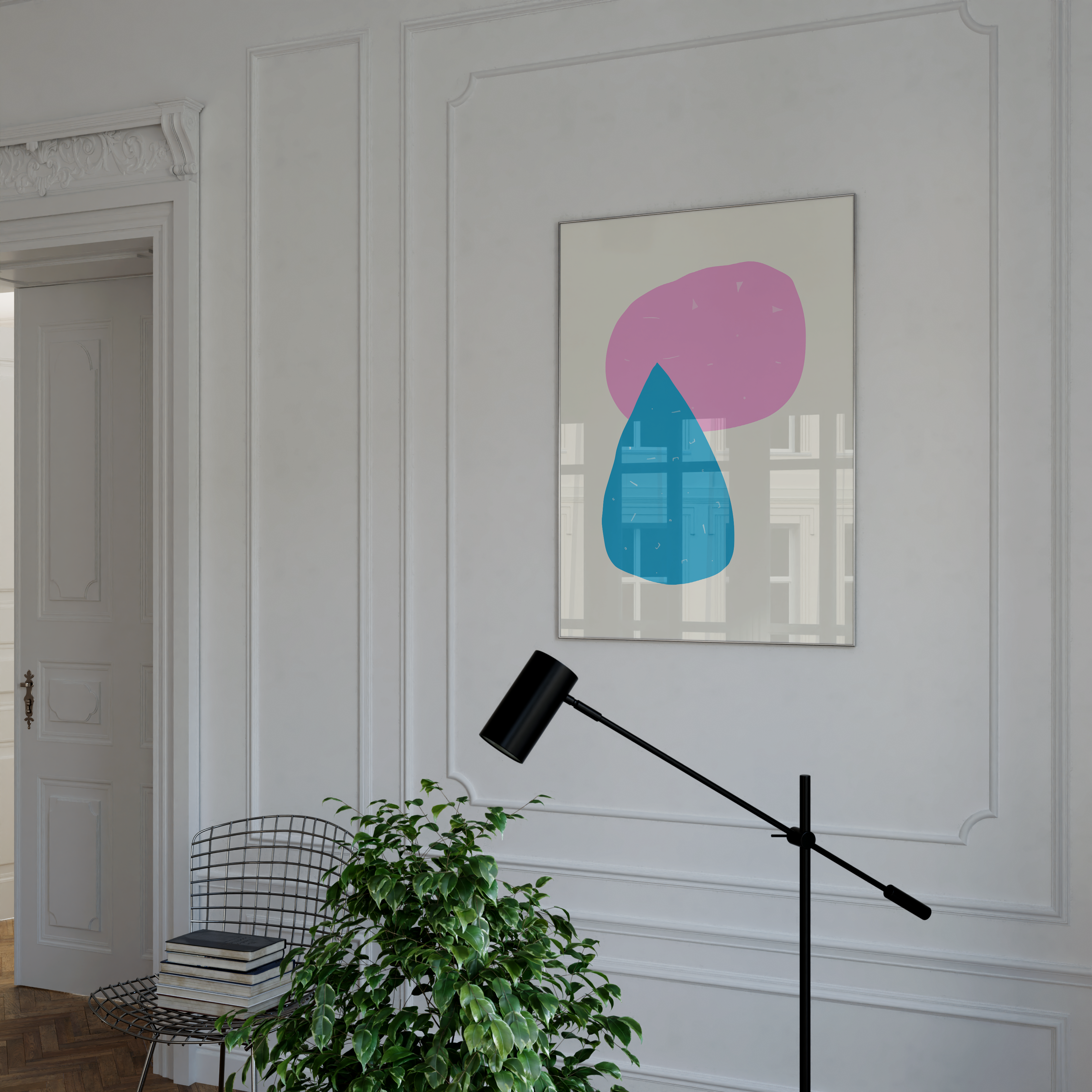 Pink and blue abstract wall art print with bold dopamine colors for modern rooms