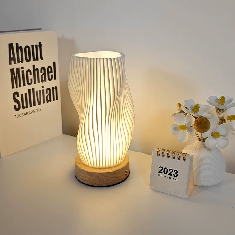 Nordic room decor striped desk lamp with touch control. Wooden base and USB charging modern bedside lamp with pleated design.