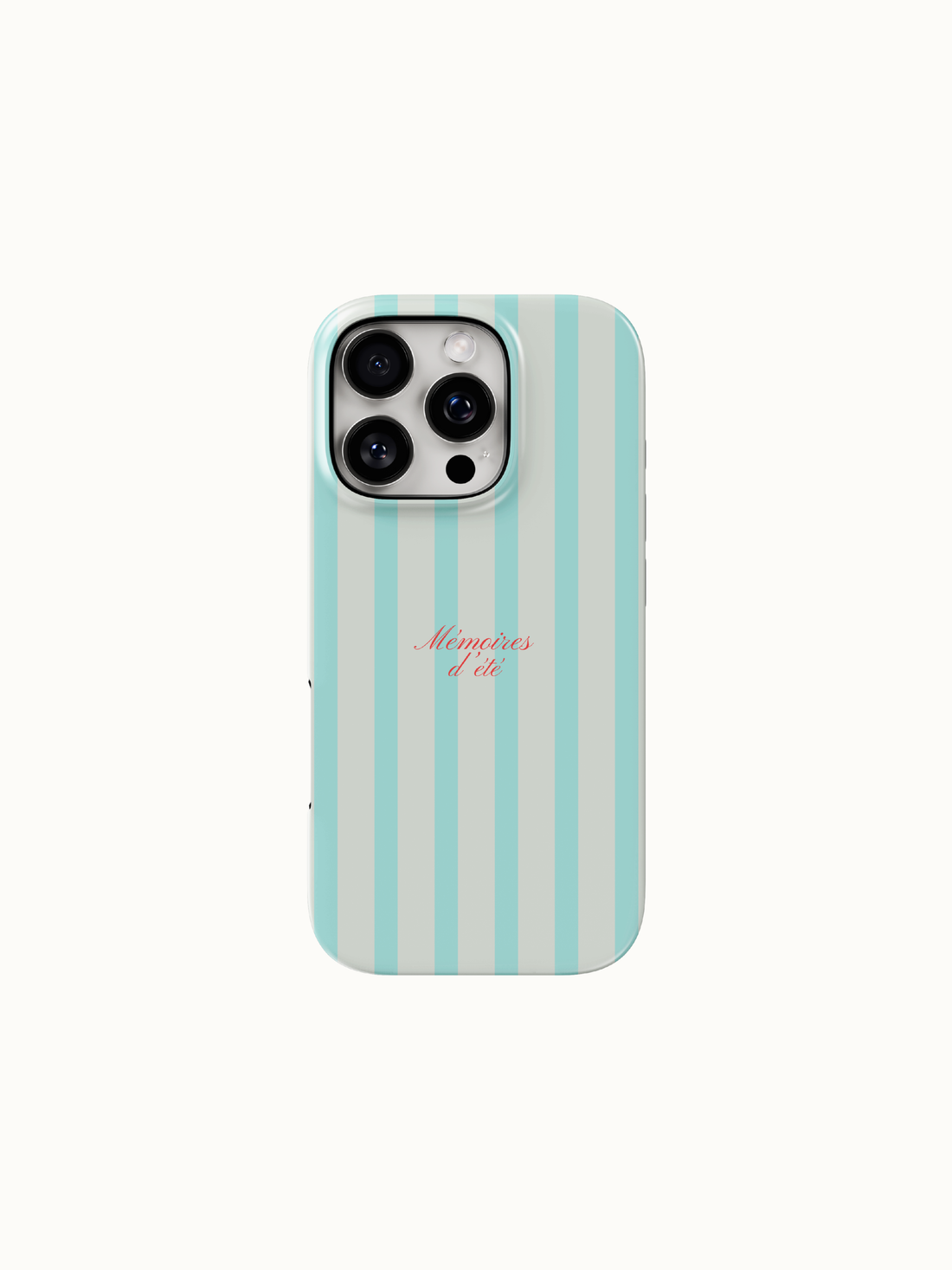 Mint striped phone case with Memoires d'Ete summer memories script, back view on an iPhone, The Feelz