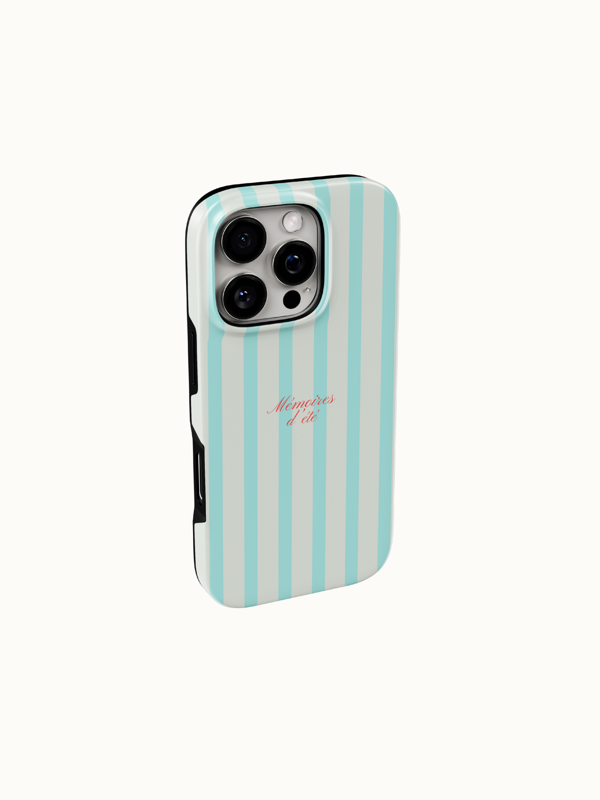 Mint striped phone case close up of the Memoires d'Ete summer memories script print, glossy preppy aesthetic case from The Feelz