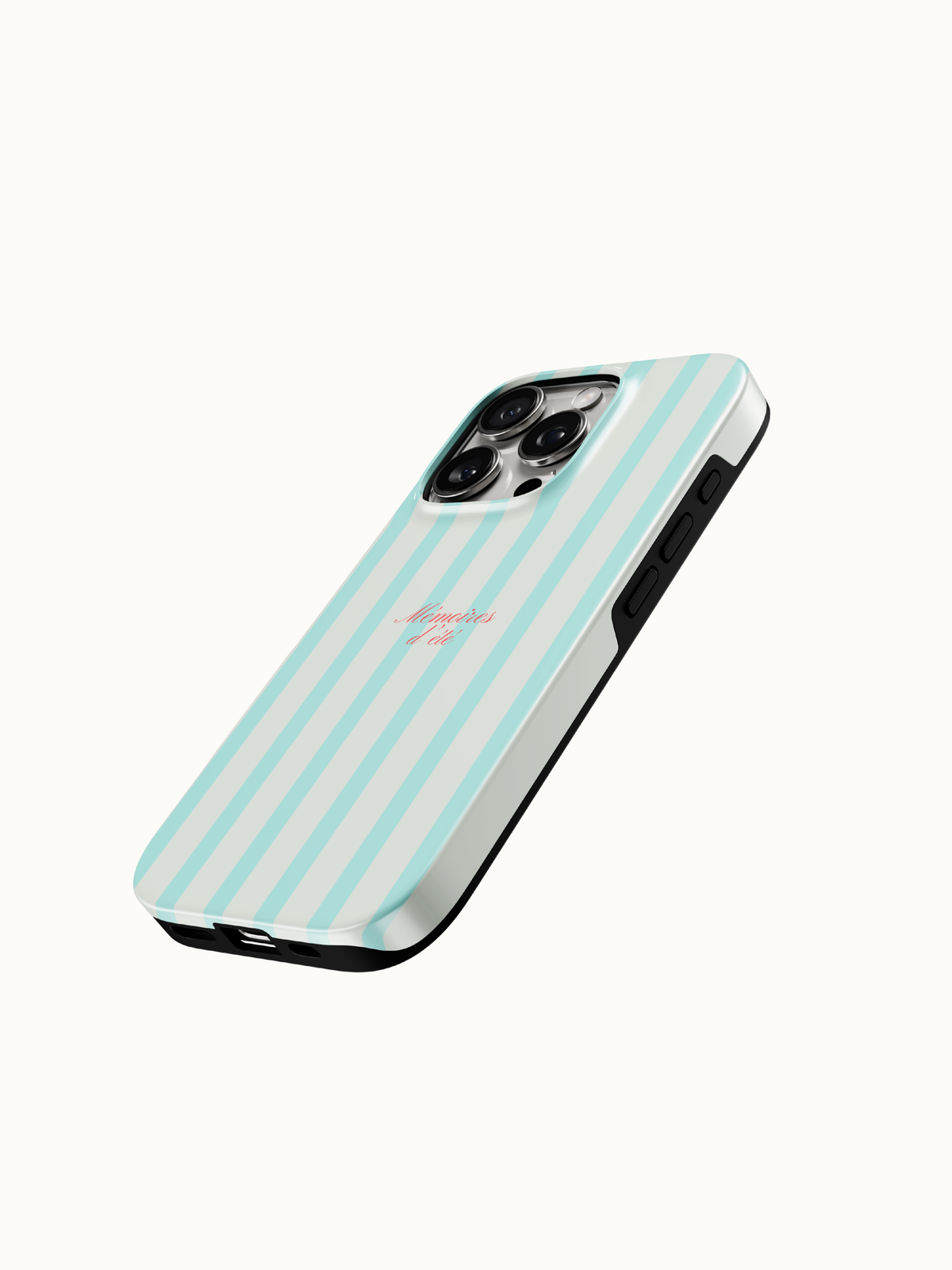 Mint striped phone case close up of the raised bezel and glossy edge, tough mint iPhone case by The Feelz