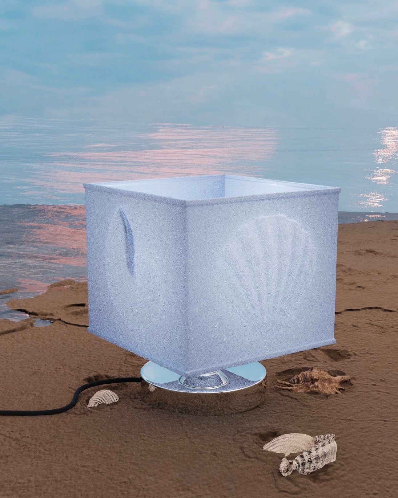 Sculptural blue seashell bedside lamp enhancing calm ocean inspired bedroom decor setup