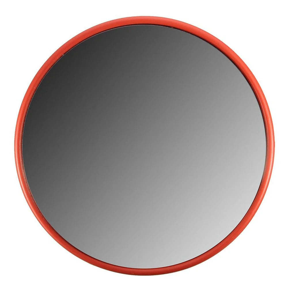 Round mirror with a red frame on a white background
